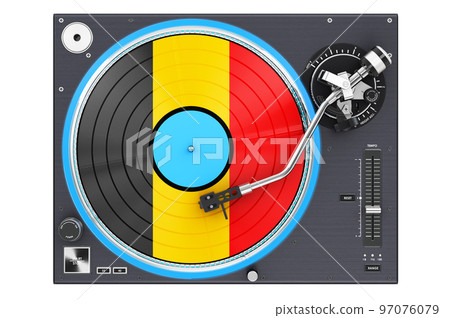 Phonograph Turntable with Belgian flag, 3D rendering Phonograph Turntable with Belgian flag, 3D rendering 97076079