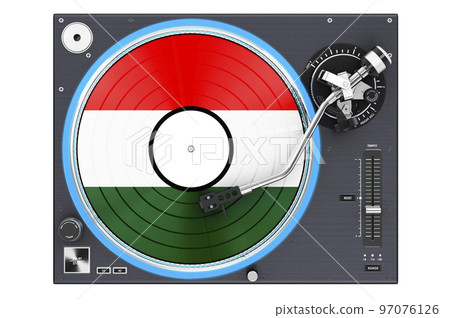 Phonograph Turntable with Hungarian flag, 3D rendering Phonograph Turntable with Hungarian flag, 3D rendering 97076126