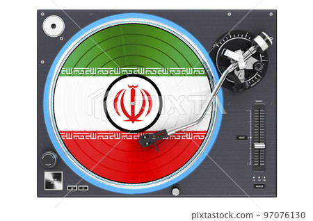 Phonograph Turntable with Iranian flag, 3D rendering Phonograph Turntable with Iranian flag, 3D rendering 97076130