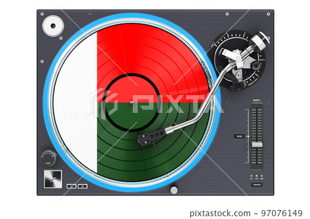 Phonograph Turntable with Madagascar flag, 3D rendering Phonograph Turntable with Madagascar flag, 3D rendering 97076149