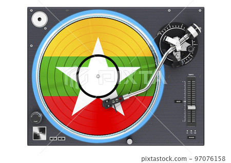 Phonograph Turntable with Myanmar flag, 3D rendering Phonograph Turntable with Myanmar flag, 3D rendering 97076158