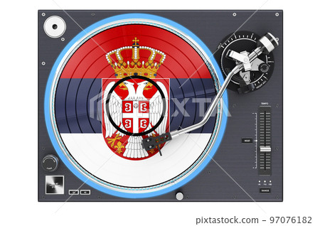 Phonograph Turntable with Serbian flag, 3D rendering Phonograph Turntable with Serbian flag, 3D rendering 97076182