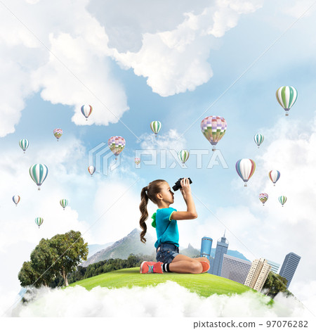 Concept of careless happy childhood with girl looking in future 97076282