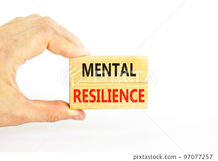 Mental resilience symbol. Concept word Mental resilience typed on wooden blocks. Beautiful white table white background. Doctor hand. Business psychological and mental resilience concept. Copy space. 97077257