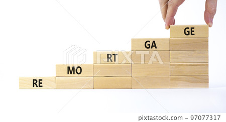 Success remortgage process symbol. Wooden cubes stacking as step stair on white background, copy space. Businessman hand. Word 'remortgage'. Business and remortgage concept. Success remortgage process symbol. Wooden cubes stacking as step stair on white background, copy space. Businessman hand. Word 'remortgage'. Business and remortgage concept. 97077317