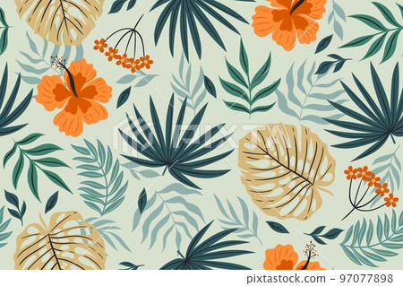 Seamless pattern with tropical leaves. Vector graphics. 97077898