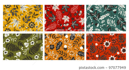 Set of autumn seamless patterns with leaves and berries. Vector graphics. Set of autumn seamless patterns with leaves and berries. Vector graphics. 97077949