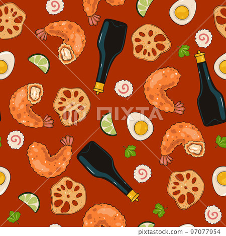 Seamless pattern with tempura shrimp, soy sauce, narutomaki, eggs, lime, lotus root. Vector graphics. 97077954