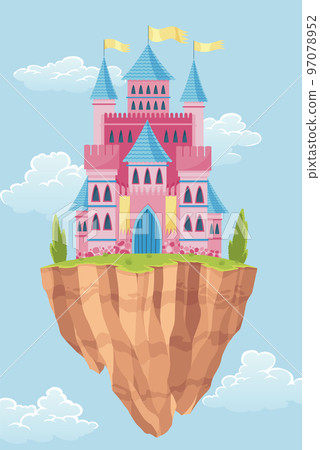 Flying island fairy tale castle. Cartoon fantasy palace with towers, vector medieval fort or fortress. Fairy tale kingdom house building in sky 97078952