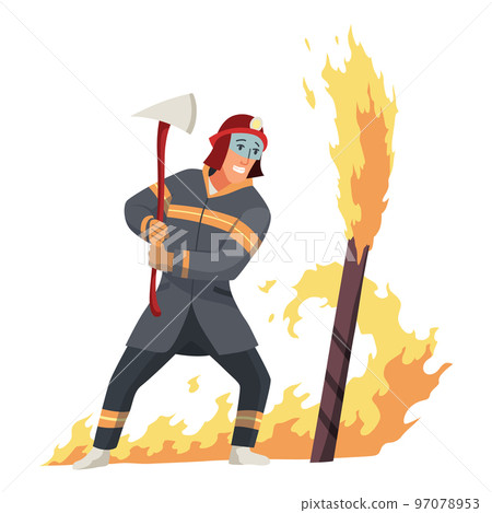 Brave firefighter in action. Man from fire brigade, standing full face in form of fireman, with personal protective equipment. Safety, rescue and emergency service concept 97078953