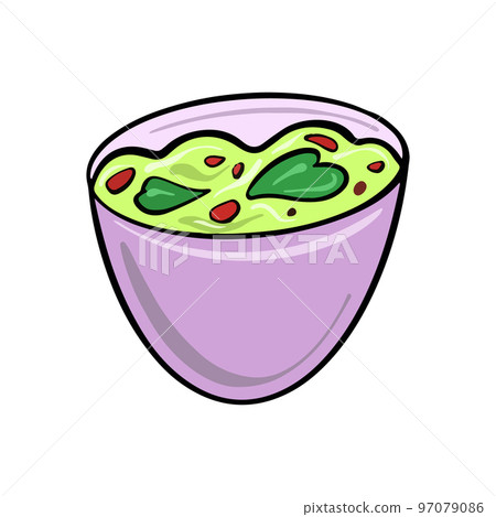 Vector Mexican traditional dish Guacamole drawn in flat cartoon style. Vector Mexican traditional dish Guacamole drawn in flat cartoon style. 97079086