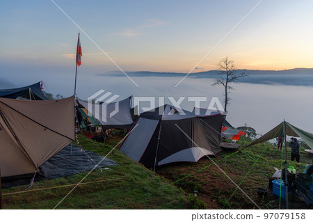 camping on the mountain enjoy with foggy beautiful landscape camping on the mountain enjoy with foggy beautiful landscape 97079158