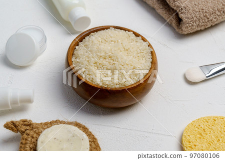 Rice for skin care face cleansing cosmetic product. Natural beauty treatment hygiene. Fermented beauty care concept 97080106