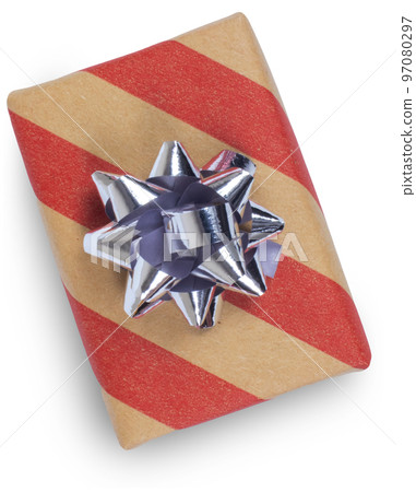 Gift box top view isolated on white, present for christmas, aniversary, birthday with a silver bow. Gift box top view isolated on white, present for christmas, aniversary, birthday with a silver bow. 97080297