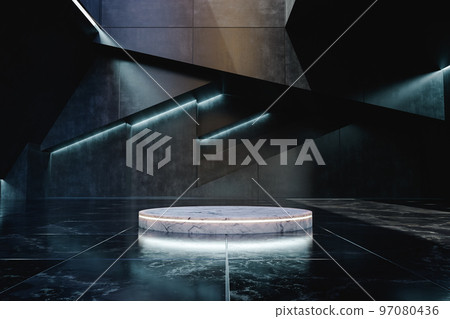 Marble display pedestal in dark exhibition hall 97080436