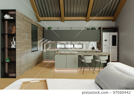 Interior open space with a living room and kitchen with modern decoration 3d render 97080442