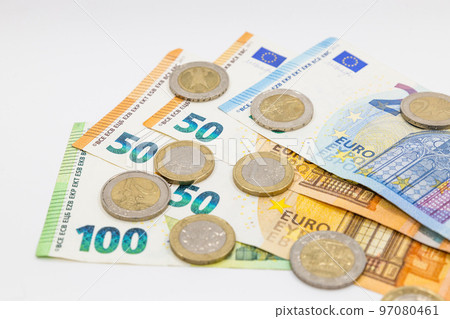 Euro banknotes and coins. Financial accounting and saving money concepts Euro banknotes and coins. Financial accounting and saving money concepts 97080461
