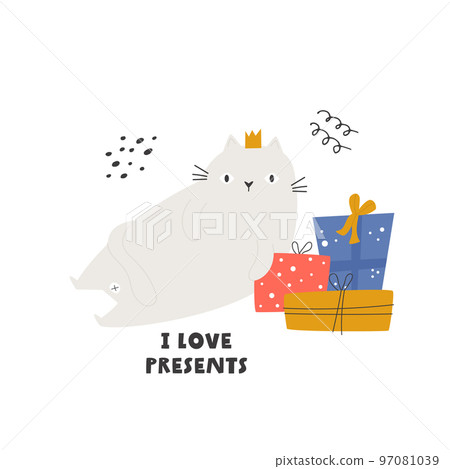 Flat vector illustration of a funny cat with gift boxes 97081039