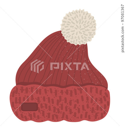 Winter clothes illustration. Red vector hat for cold weather isolated on white background. Flat picture of clothing item for head. Winter clothes illustration. Red vector hat for cold weather isolated on white background. Flat picture of clothing item for head. 97081367