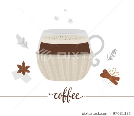 Vector illustration of coffee in mug with knitted holder isolated on white background. Winter traditional drink. Holiday hot beverage with sugar, anise, cinnamon. 97081385