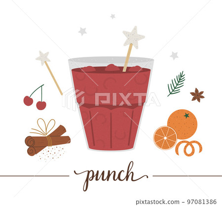 Vector illustration of punch isolated on white background. Winter traditional drink. Holiday hot beverage with orange, cherry, anise, cinnamon. 97081386