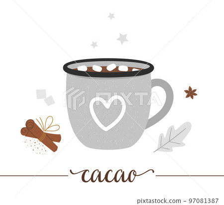 Vector illustration of cocoa in enamel cup isolated on white background. Winter traditional drink. Holiday hot beverage with marshmallow, sugar, anise, cinnamon. 97081387