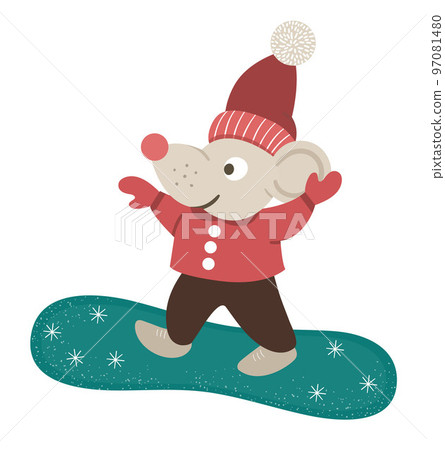 Vector illustration of mouse in clothes snowboarding. Cute woodland animal doing winter activities. Funny forest character with snowboard. Vector illustration of mouse in clothes snowboarding. Cute woodland animal doing winter activities. Funny forest character with snowboard. 97081480
