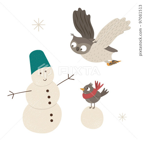 Vector illustration of birds building snowman. Cute woodland animals doing winter activities. Funny forest characters Vector illustration of birds building snowman. Cute woodland animals doing winter activities. Funny forest characters 97081513