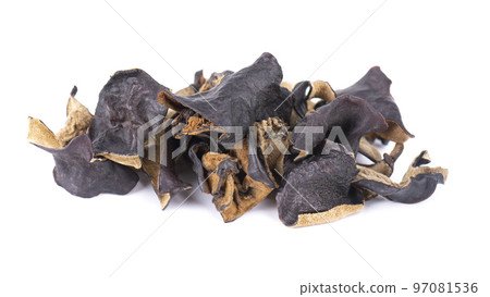 Dry black fungus isolated on white background. Chinese black mushroom or tree black muer mushroom. Auricularia polytricha. 97081536