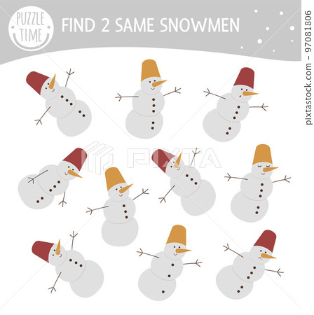 Find two same snowmen. Winter matching activity for preschool children. Funny game for kids with cute funny character. Logical quiz worksheet. 97081806