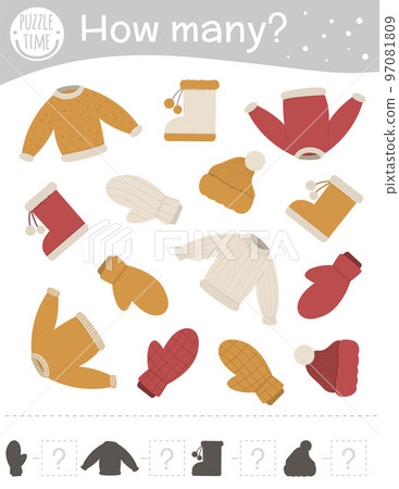 Winter counting game with warm clothes. Winter math activity for preschool children. How many objects worksheet. Educational riddle with cute funny pictures. 97081809