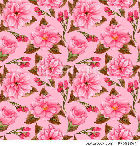 Watercolor cherry blossom, pink flowers and brown leaves. Floral repeating pattern. Hand drawn seamless pattern of blooming sakura branch 97081864
