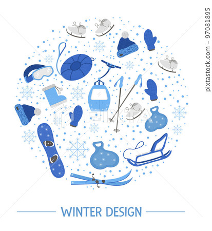 Vector objects for active winter framed in circle. Cold season sport equipment round composition. Card design with items for spending holidays in mountains and snowflakes. Vector objects for active winter framed in circle. Cold season sport equipment round composition. Card design with items for spending holidays in mountains and snowflakes. 97081895
