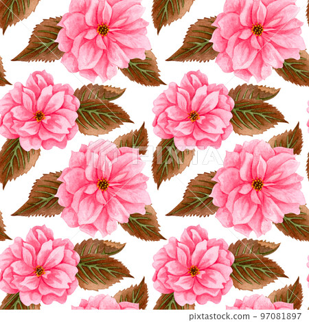 Watercolor cherry blossom, pink flowers and brown leaves. Floral repeating pattern. Hand drawn seamless pattern of blooming sakura branch 97081897
