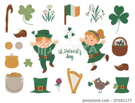 Vector set of St. Patrick Day symbols. National Irish holiday icons isolated on white background. Cute funny flat boy and girl in green clothes with shamrock and traditional objects. 97082177