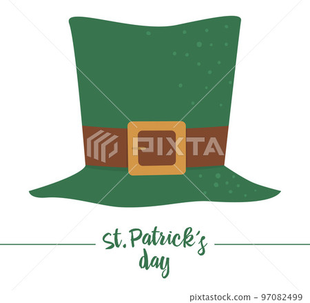Vector flat funny green leprechaun hat with brown belt. Cute St. Patrick Day illustration. National Irish holiday icon isolated on white background. Vector flat funny green leprechaun hat with brown belt. Cute St. Patrick Day illustration. National Irish holiday icon isolated on white background. 97082499