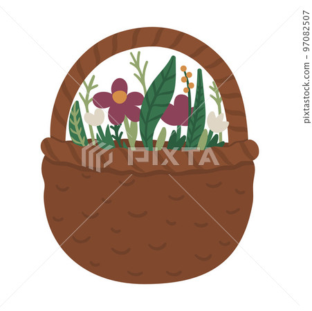 Vector flat funny flower basket. Cute spring illustration. Forest or woodland icon isolated on white background. Vector flat funny flower basket. Cute spring illustration. Forest or woodland icon isolated on white background. 97082507