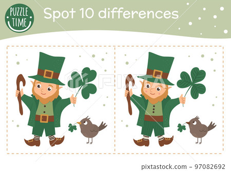 Saint Patrick Day find differences game for children. Spring holiday festive preschool activity with leprechaun. Puzzle with cute funny smiling characters. Saint Patrick Day find differences game for children. Spring holiday festive preschool activity with leprechaun. Puzzle with cute funny smiling characters. 97082692