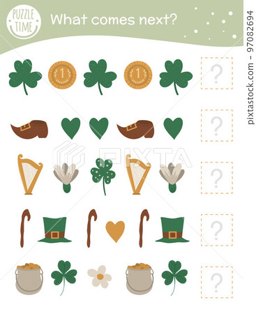 What comes next. Saint Patrick Day matching activity for preschool children with holiday symbols. Funny spring game for kids. Logical quiz worksheet. Continue the row. What comes next. Saint Patrick Day matching activity for preschool children with holiday symbols. Funny spring game for kids. Logical quiz worksheet. Continue the row. 97082694