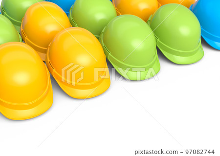 Set of safety helmets or hard caps for carpentry work in row on white background Set of safety helmets or hard caps for carpentry work in row on white background 97082744