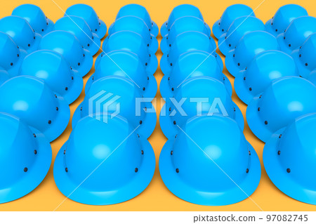 Set of safety helmets or hard caps for carpentry work in row on yellow Set of safety helmets or hard caps for carpentry work in row on yellow 97082745