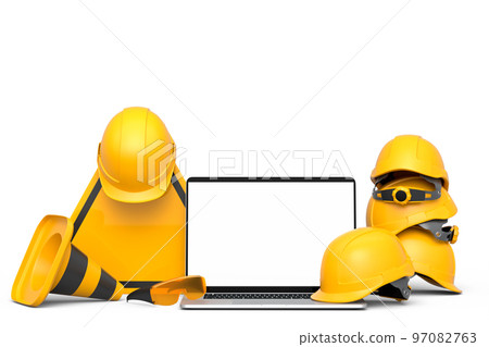 Set of safety helmets or hard hats and traffic cones, road sign on white Set of safety helmets or hard hats and traffic cones, road sign on white 97082763