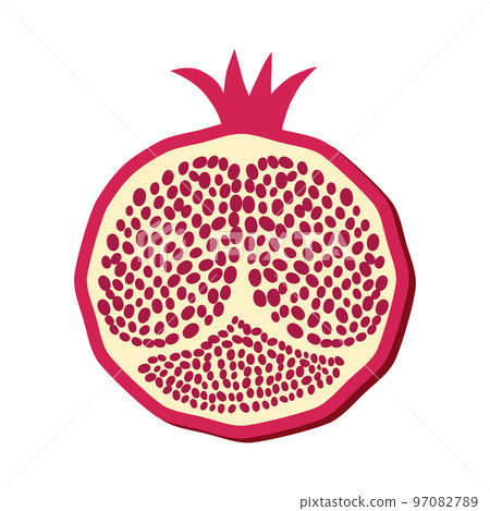 Pomegranate whole and pieces, cut with seeds. Stylized juicy fruit Pomegranate whole and pieces, cut with seeds. Stylized juicy fruit 97082789