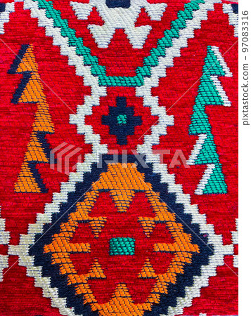Colorful oriental mosaic kilim rug with traditional folk geometric ornament. 97083316