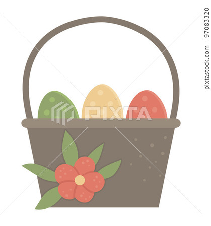 Vector illustration of basket with colored eggs and flower isolated on white background. Easter traditional symbol and design element. Cute spring icon picture 97083320