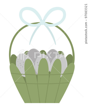 Vector illustration of green basket with eggs and bow isolated on white background. Easter traditional symbol and design element. Cute spring icon picture. 97083321