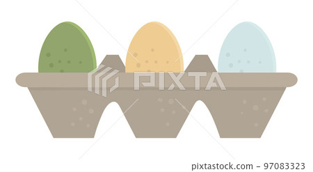 Vector illustration of packaging with colored eggs isolated on white background. Easter traditional symbol and design element. Cute spring icon picture. 97083323