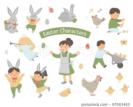 Collection of Easter characters. Vector set with cute bunny, children, colored eggs, chirping bird, chicks, angel. Spring funny illustration. Collection of Easter characters. Vector set with cute bunny, children, colored eggs, chirping bird, chicks, angel. Spring funny illustration. 97083403