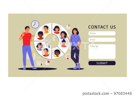 Audience segmentation concept. Contact us form. People near a large circular chart with images of people. Vector illustration. Flat. 97083448