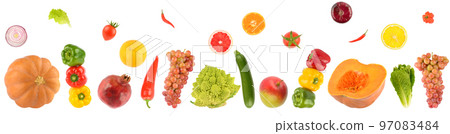 Falling fresh vegetables and fruits isolated on white Falling fresh vegetables and fruits isolated on white 97083484